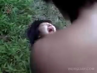 Frágil asiática jovem mulher obtendo brutalmente fodido ao ar livre