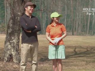 Golf slattern gets teased and creamed by two youngsters